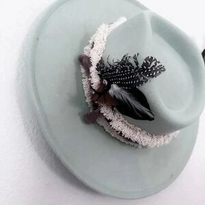 BESPOKE CLOTHING | Artisan Handmade Wool Fedora Hat Mint Green Gray Crm Feather